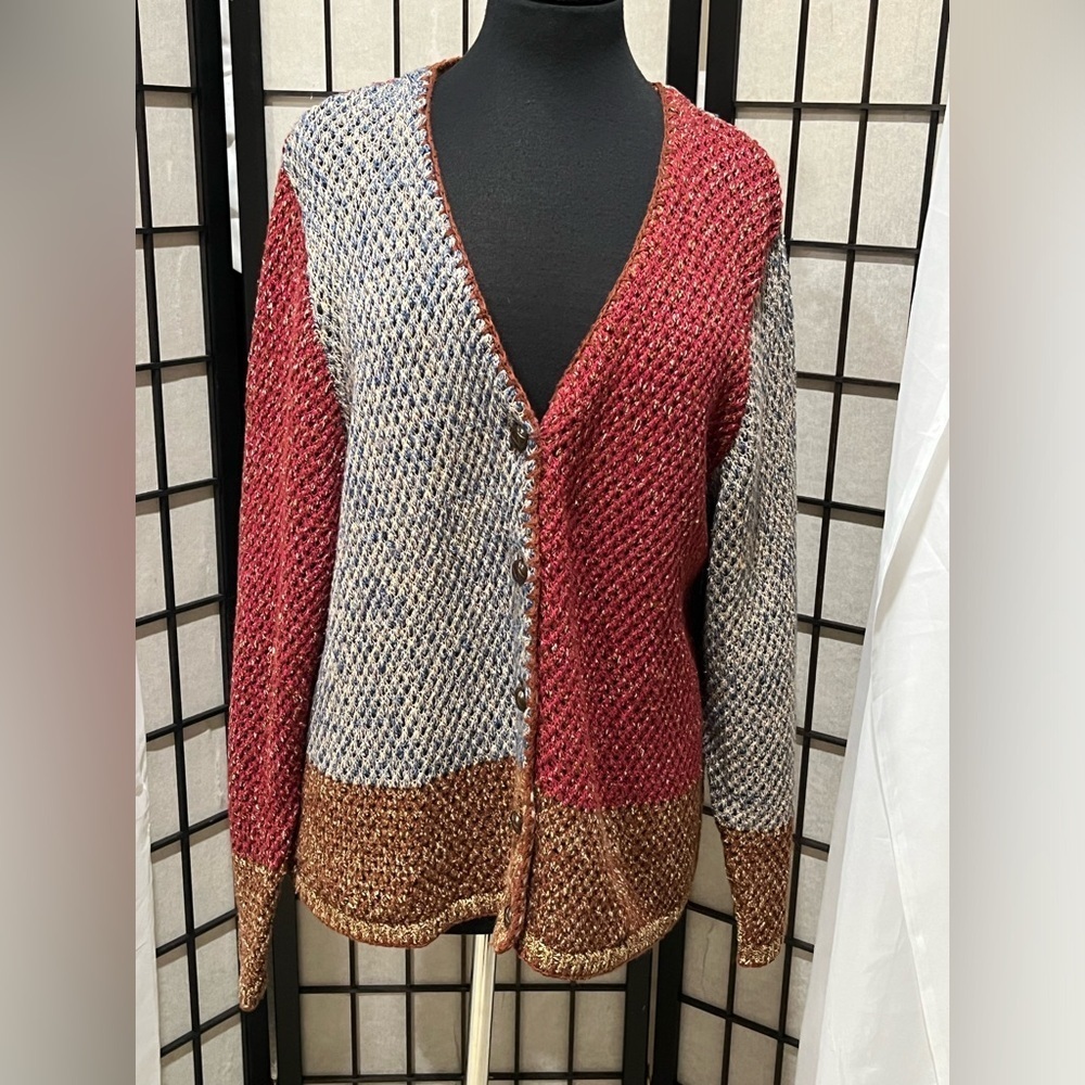 CASCADE BLUES VINTAGE COLOR BLOCK SILK BLEND Button-Up Knit Cardigan SIZE L